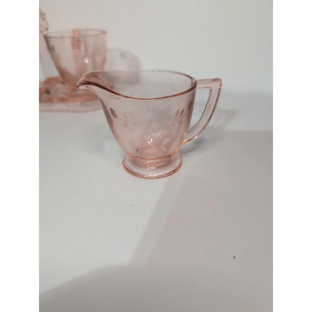 Pink Depression Etched Glass 3-Piece Set: Sugar, Creamer, &  tray coffee tea